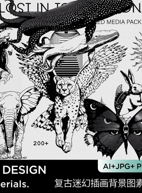 写实风格插画豹子大象鲸鱼蝴蝶花卉黑色线条插画质感肌理背景素材