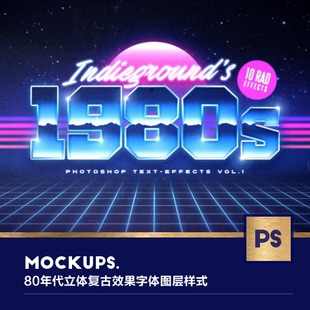 80年代立体复古效果字体图层样式 45015 psd样机设计素材