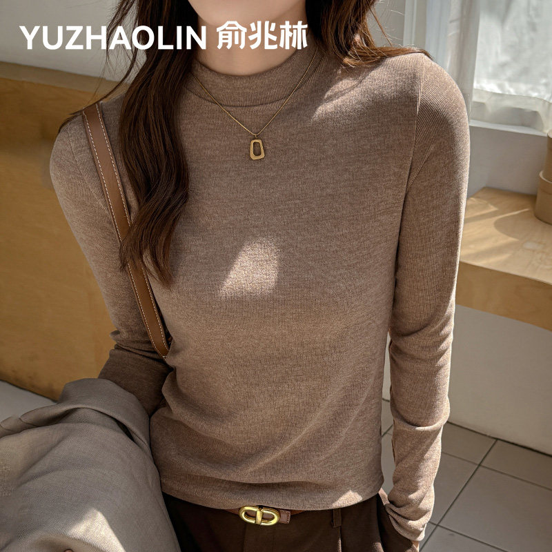 咖色针织半高领打底衫女2025新款冬季内搭修身保暖高级感长袖上衣