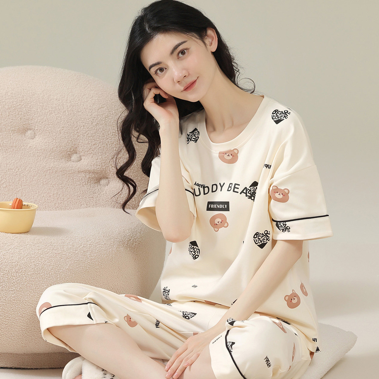 纯棉睡衣女士夏款短袖七分裤2025年新款女款春夏季卡通家居服套装,女士内衣/男士内衣/家居服,睡衣/家居服套装,淘宝优惠券,粉丝福利购,淘宝优惠卷