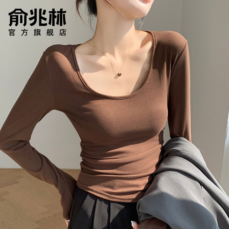 U领打底衫女士2025新款磨毛内搭咖色保暖长袖上衣冬季修身低领T