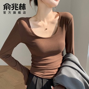 U领打底衫女士2025新款磨毛内搭咖色保暖长袖上衣冬季修身低领T恤