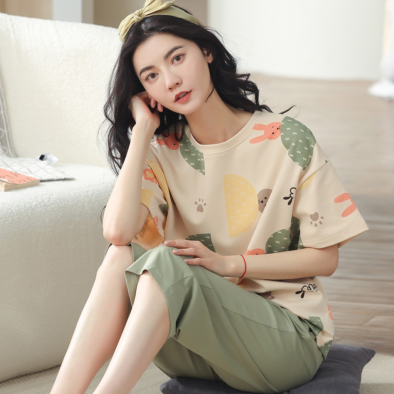 纯棉睡衣女款夏季2023年新款女士夏天薄款短袖七分裤家居服套装