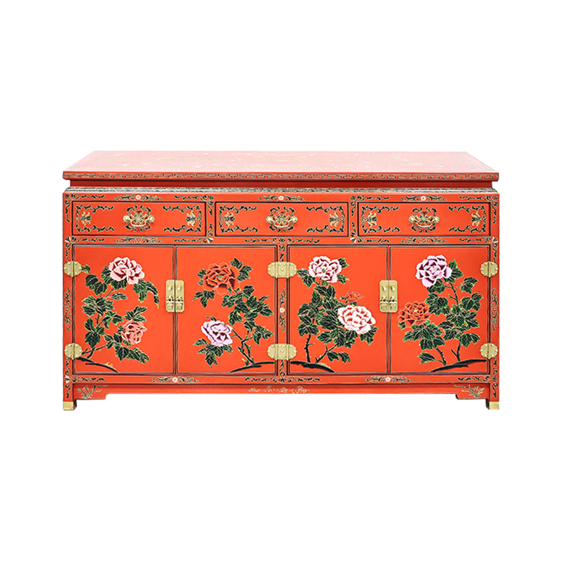 漆花扬州漆器厂中式家具雕填红底花鸟三抽四门柜餐边柜工厂店直销