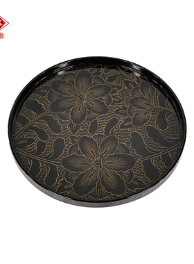 扬州漆器厂黑色花卉图案漆器托盘圆形描金工艺品装饰盘