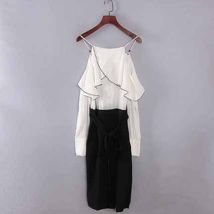 莉系列 春秋新品商务女装库存折扣撞色长袖吊带连衣裙S2594A