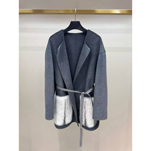 LP同款 高端水貂毛口袋双面羊绒大衣 中长款高级感气质毛呢外套女