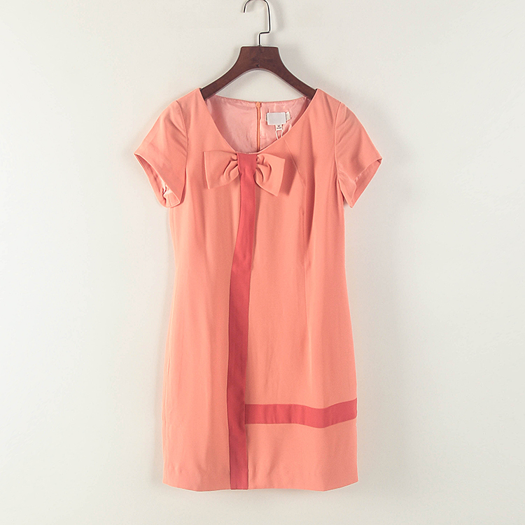 安系列 夏季新款专柜女装库存折扣粉配红短袖蝴蝶结连衣裙Y2235C