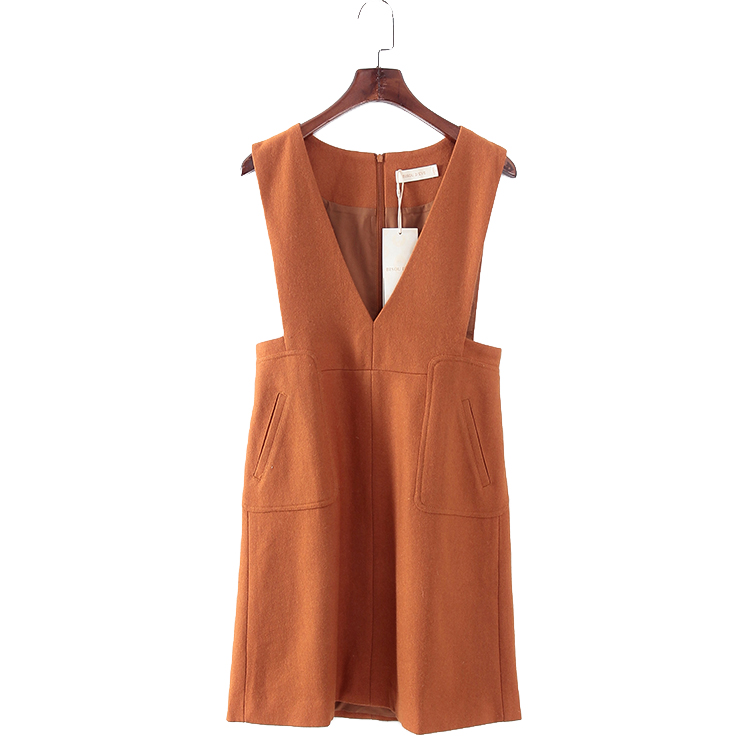 韩范纯色V领无袖连衣裙