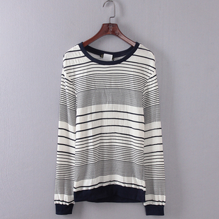 库存折扣圆领套头条纹t恤上衣F655 品牌女装 灵系列 春秋新款