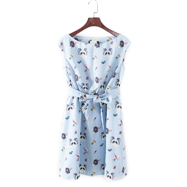 森系甜美印花无袖连衣裙