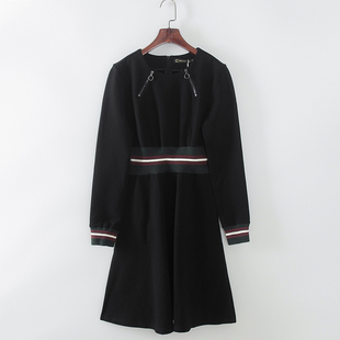 库存折扣黑色罗纹拼接连衣裙F628A 品牌女装 灵系列 春秋新款