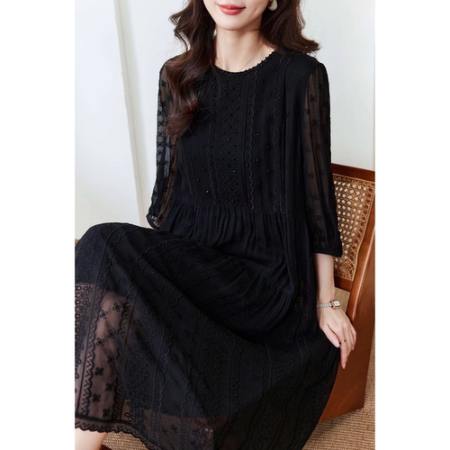 杭州真丝连衣裙桑蚕丝大牌2026新款黑色显瘦刺绣宽松大码妈妈裙子