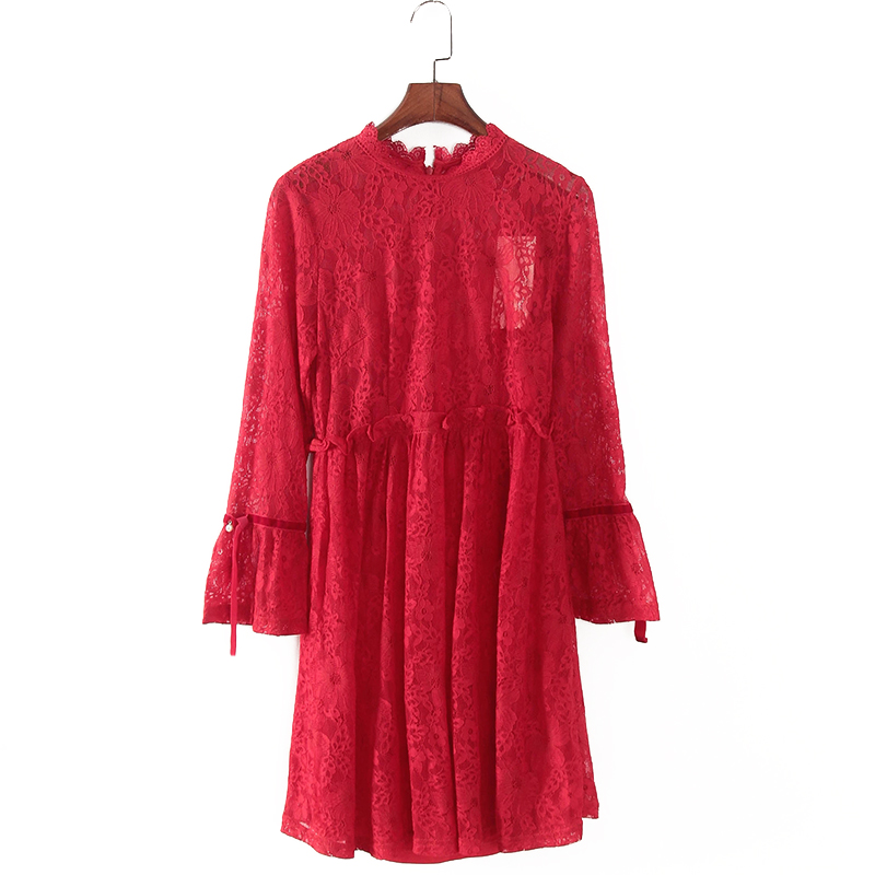 碧系列 春夏新款品牌女装库存折扣红色蕾丝长袖连衣裙F1805