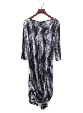 贝系列 春夏款新款品牌女装库存折扣复古印花不规则连衣裙F448A