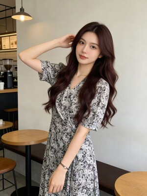 专柜同款2026夏季新款时尚收腰印花连衣裙夏款女装桑蚕丝显瘦裙子
