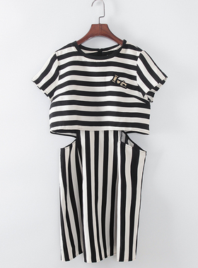 灵系列 夏季新款品牌女装库存折扣时尚露腰条纹连衣裙F665D