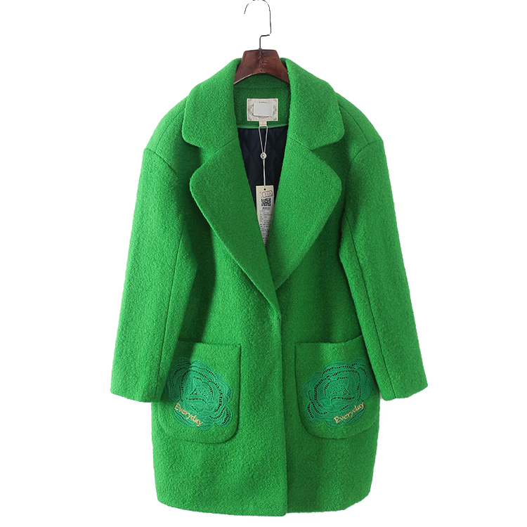 灵系列其他口袋绣花毛呢大衣