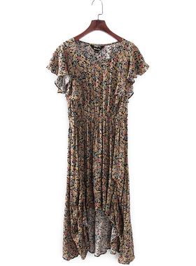 贝系列 夏季新款品牌女装库存折扣温柔风印花收腰连衣裙F483B