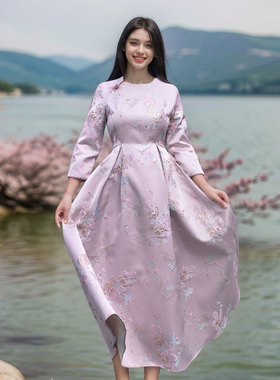 杏雨拂云  金丝线重工蕾丝刺绣收腰A字长款连衣裙大摆秋季新中式