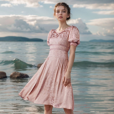 花裕满乾坤 织锦缎金丝线重工蕾丝粉白色连衣裙短袖中长款A摆