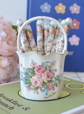 韩国进口SMF英式玫瑰花束咖啡勺水果叉陶瓷收纳篮咖啡勺叉笼套装