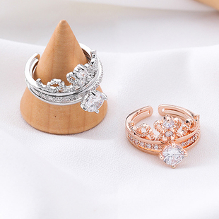 彩衣阁漂亮网红开口戒指银色流行闪亮皇冠锆漂亮可调节大小女指环