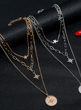 彩衣阁二三多层蝴蝶玫瑰花金属项链欧美朋克个性流行百搭女生饰品