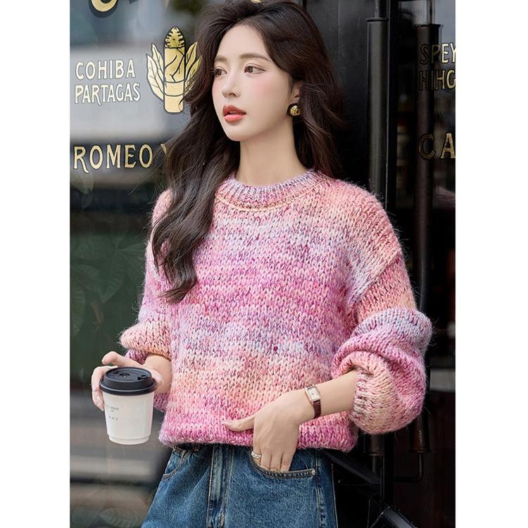 彩衣阁针织衫女秋冬装2025新款时尚甜美浪漫洋气圆领宽松红色毛衣