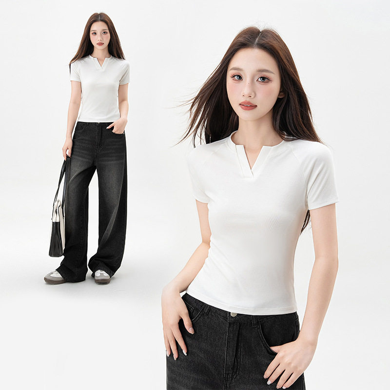 小v领短袖t恤女夏季内搭2026新款莱赛尔设计感正肩修身百搭上衣潮