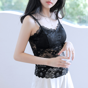 莫代尔蕾丝美背吊带背心女带胸垫内搭外穿打底裹胸文胸一体内衣夏
