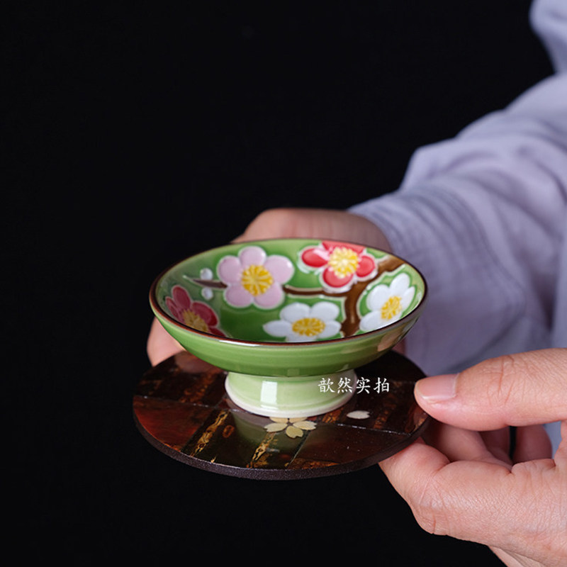 日本进口京烧清水烧作家器昇峰交趾釉茶盏 主人杯 茶杯