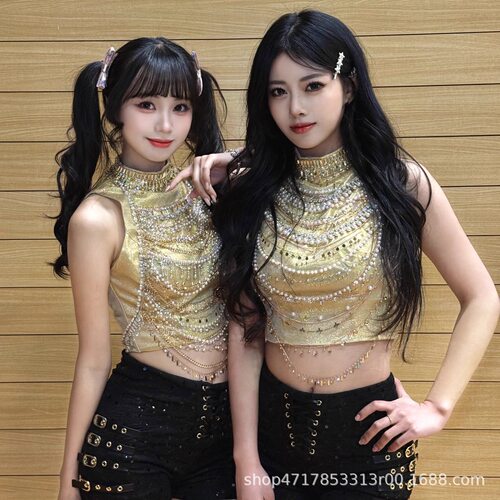 IVE张元英女团歌手同款演出服BlingBling链高级感金色重工舞台服