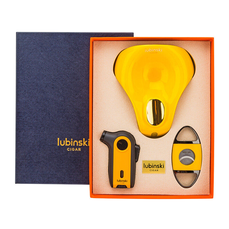 LUBINSKI雪茄剪刀直冲打火机陶瓷烟灰缸三件套工具礼盒套装入门级