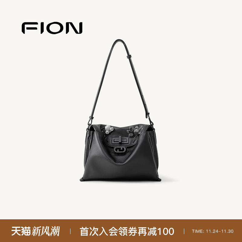 Fion/菲安妮迪士尼米奇真皮托特包休闲大容量高级单肩斜挎包包女