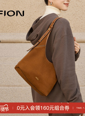 Fion/菲安妮麂皮hobo托特包时尚真皮慵懒感包包女单肩斜挎软包