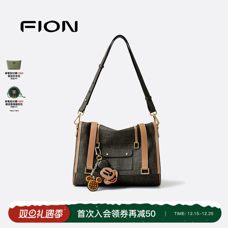 Fion/菲安妮迪士尼米奇邮差托特包复古老花通勤大容量单肩斜挎包