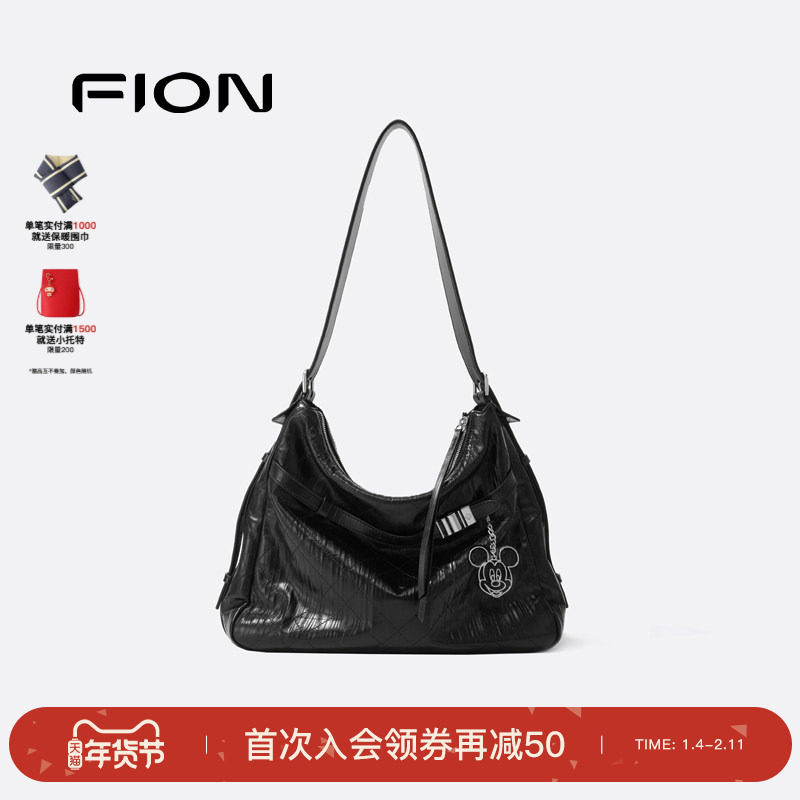 Fion/菲安妮迪士尼米奇合作音符托特包真皮大容量女通勤斜挎包包