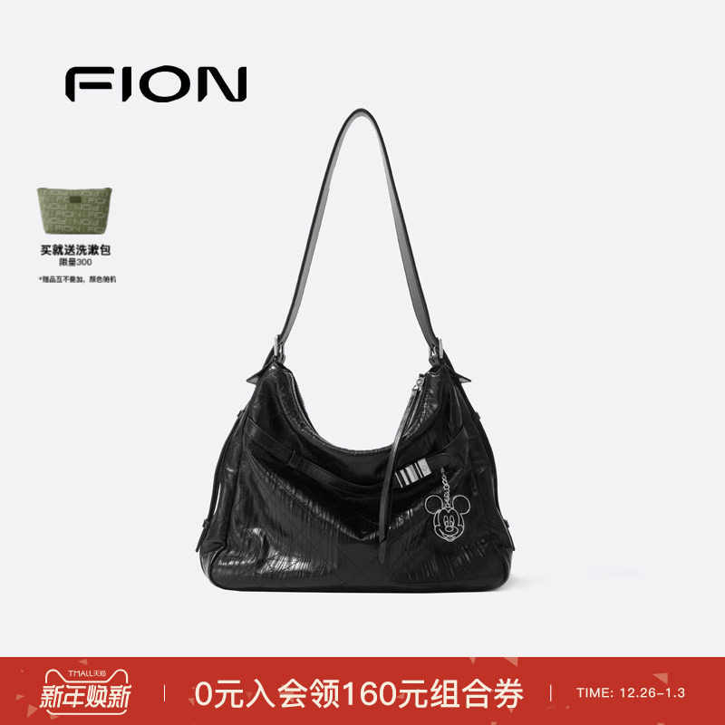 Fion/菲安妮迪士尼米奇合作音符托特包真皮大容量女通勤斜挎包包