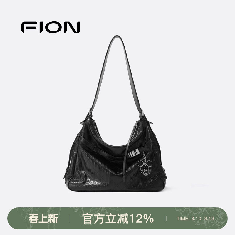 Fion/菲安妮迪士尼米奇合作音符托特包真皮大容量女通勤斜挎包包