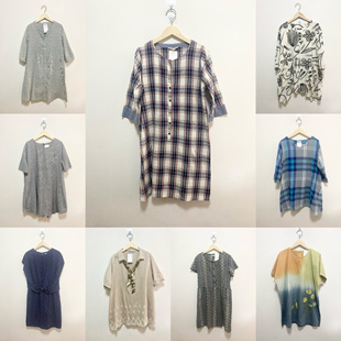 天天古着棉连衣裙vintage日本短宽松上衣裙格子条纹印花中裙L20z
