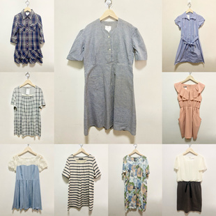 天天古着连衣裙vintage日本夏季格子短袖宽松大码棉质中裙L195f