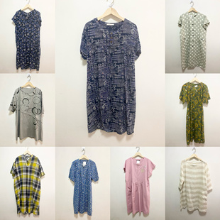 天天古着碎花连衣裙vintage日本宽松直筒裙棉麻圆领短袖夏裙L20z