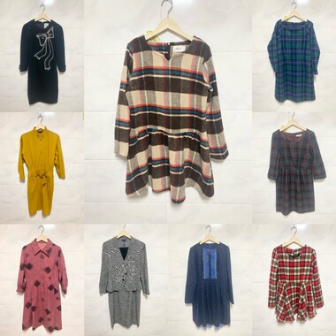 天天古着秋冬连衣裙vintage日本长袖毛呢复古收腰修身裙L5l