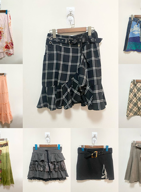 天天古着法式复古半身裙vintage纯棉褶皱蛋糕裙长裙A字裙P1f