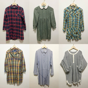 天天古着长袖连衣裙春秋vintage日制格子衬衣宽松上衣L185z