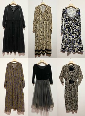 天天古着连衣裙长袖春秋vintage日制复古昭和印花礼服长裙L165z