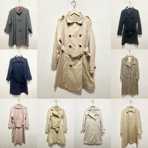 天天古着长袖风衣外套vintage日本中长款春秋女薄款修身上衣F1l