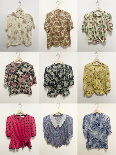 天天古着碎花短袖衬衫vintage日本雪纺港风收腰法式衬衣A01l