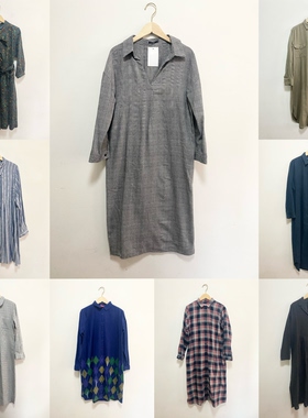 天天古着长款连衣裙vintage复古日系衬衫裙格子长袖春秋裙L15f